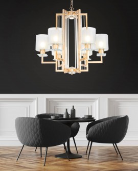 złota lampa wisząca nad stół w salonie z jasnymi kloszami elegancki żyrandol MANHATTAN od producenta LuminaDeco