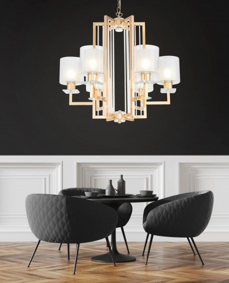 złota lampa wisząca nad stół w salonie z jasnymi kloszami elegancki żyrandol MANHATTAN od producenta LuminaDeco