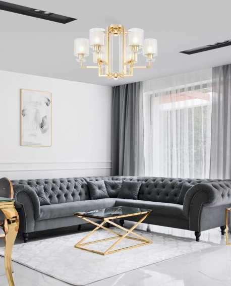 złota lampa sufitowa w salonie z jasnymi szklanymi kloszami elegancki plafon do wnętrz premium od LuminaDeco model MANHATTAN