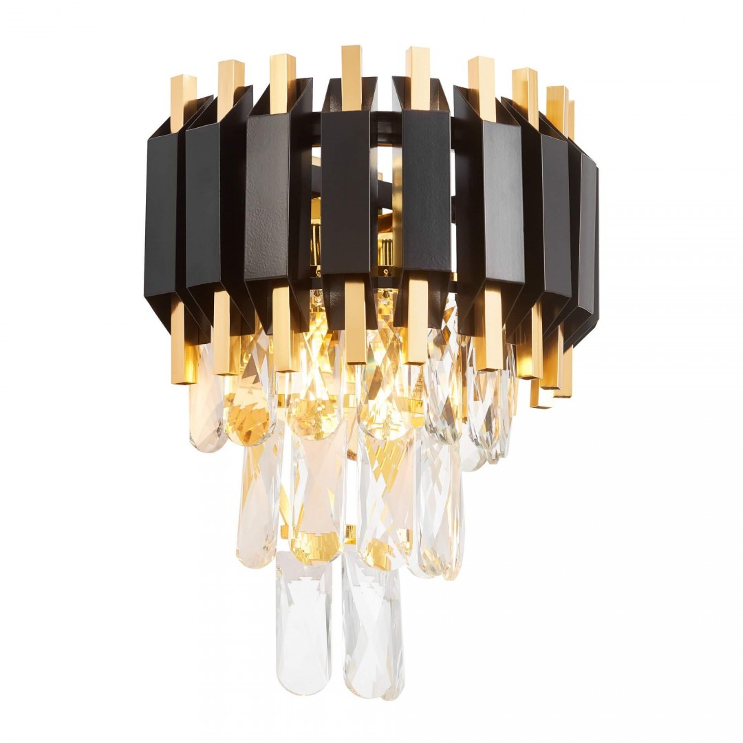 elegancka lampa na ścianę RIVO W2 firmy Lampit z czarnym kloszem i złotymi detalami oraz kryształowym wykończeniem