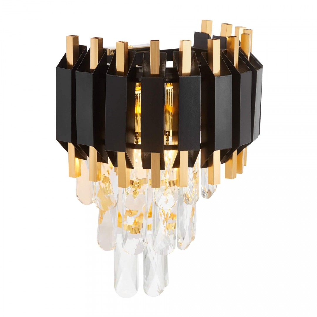 lampa ścienna glamour RIVO W2 od Lampit czarna ze złotą obręczą i dekoracyjnymi kryształami na ścianę