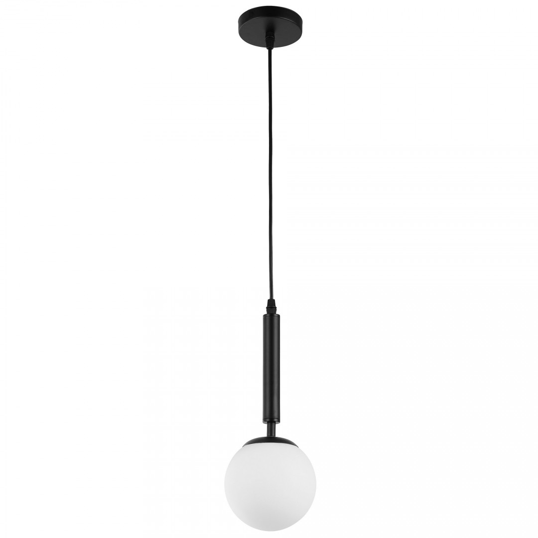nowoczesna lampa wisząca czarna z kulistym białym kloszem na przewodzie do kuchni i salonu model Ledo W1 od producenta Lampit