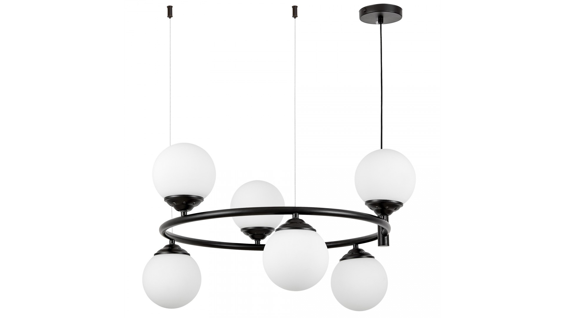 lampa wisząca czarna z sześcioma kulistymi kloszami na okrągłym pierścieniu Lampit prezentuje model FINO RING W6 do salonu