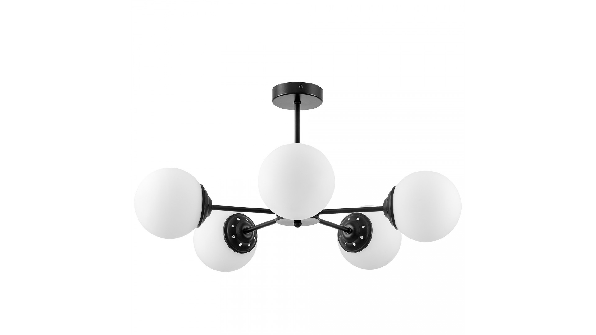 nowoczesna lampa wisząca czarna Fino Ring W5 z pięcioma mlecznymi kloszami kulistymi geometryczna forma i minimalistyczny design