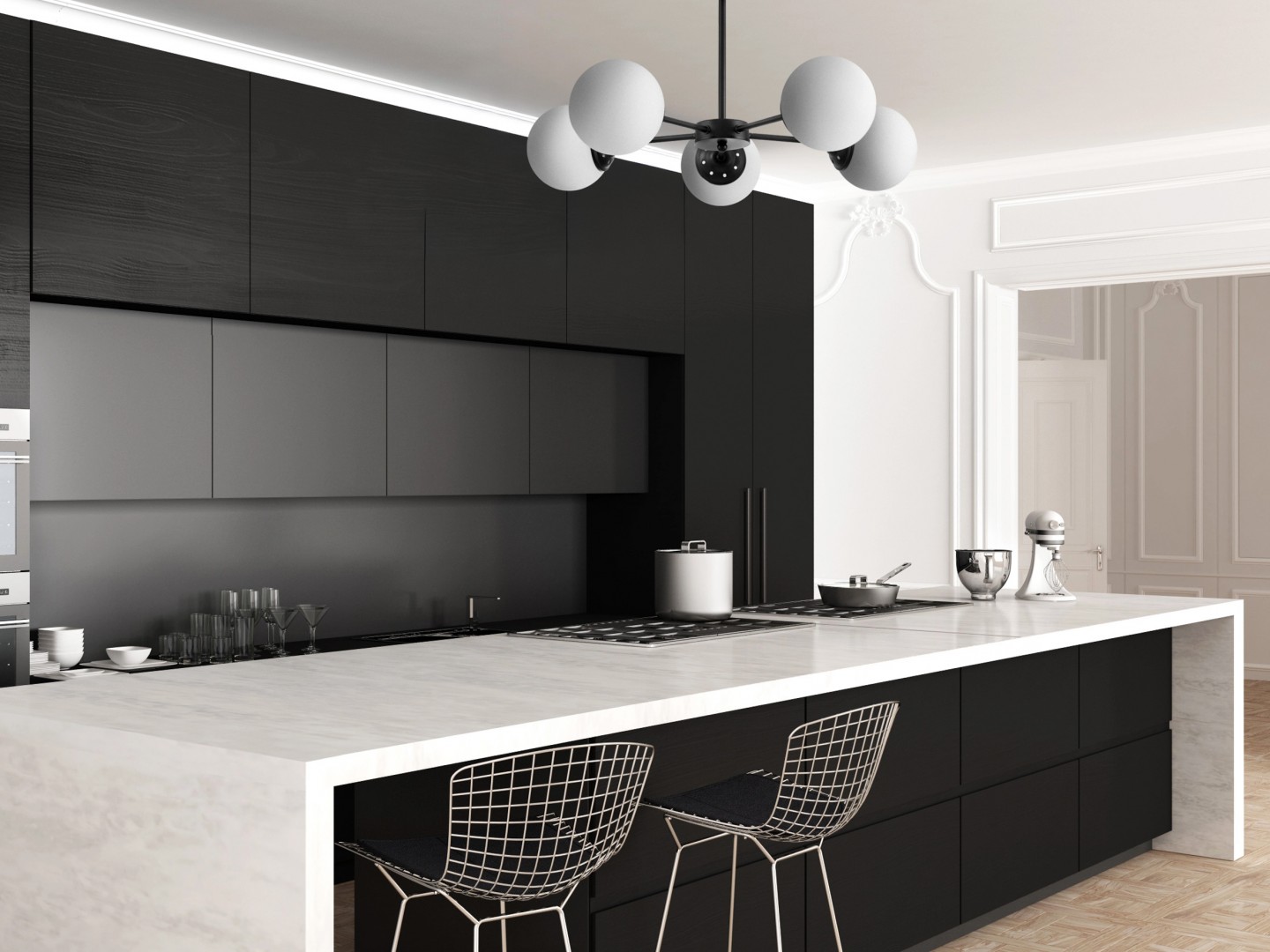 nowoczesna lampa wisząca do kuchni czarna z kulistymi kloszami szkło mleczne nad wyspą styl modern Lampit Fino Ring W5