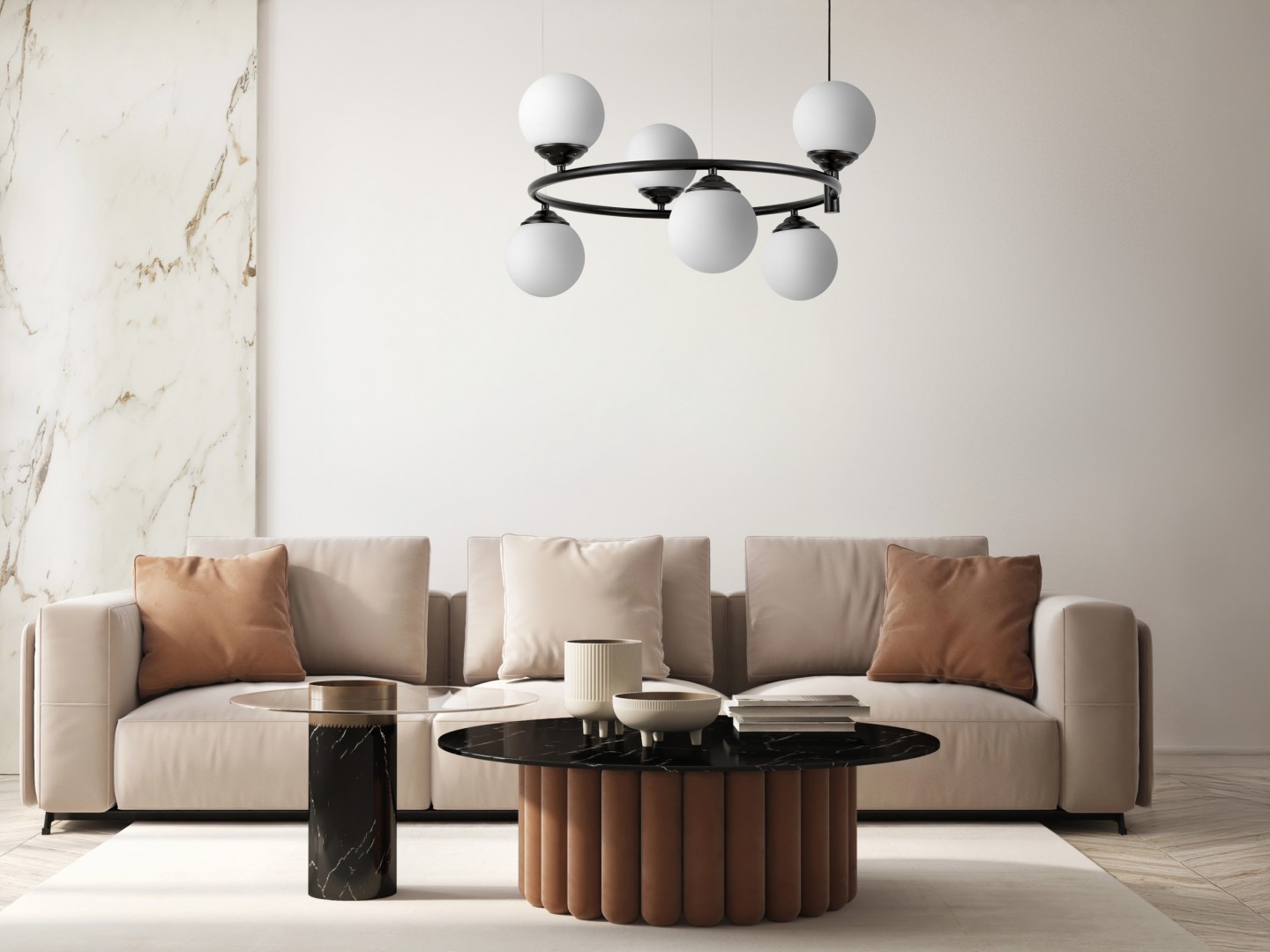 lampa wisząca do salonu z czarnym pierścieniem i sześcioma białymi kulami producent Lampit elegancki model FINO RING W6
