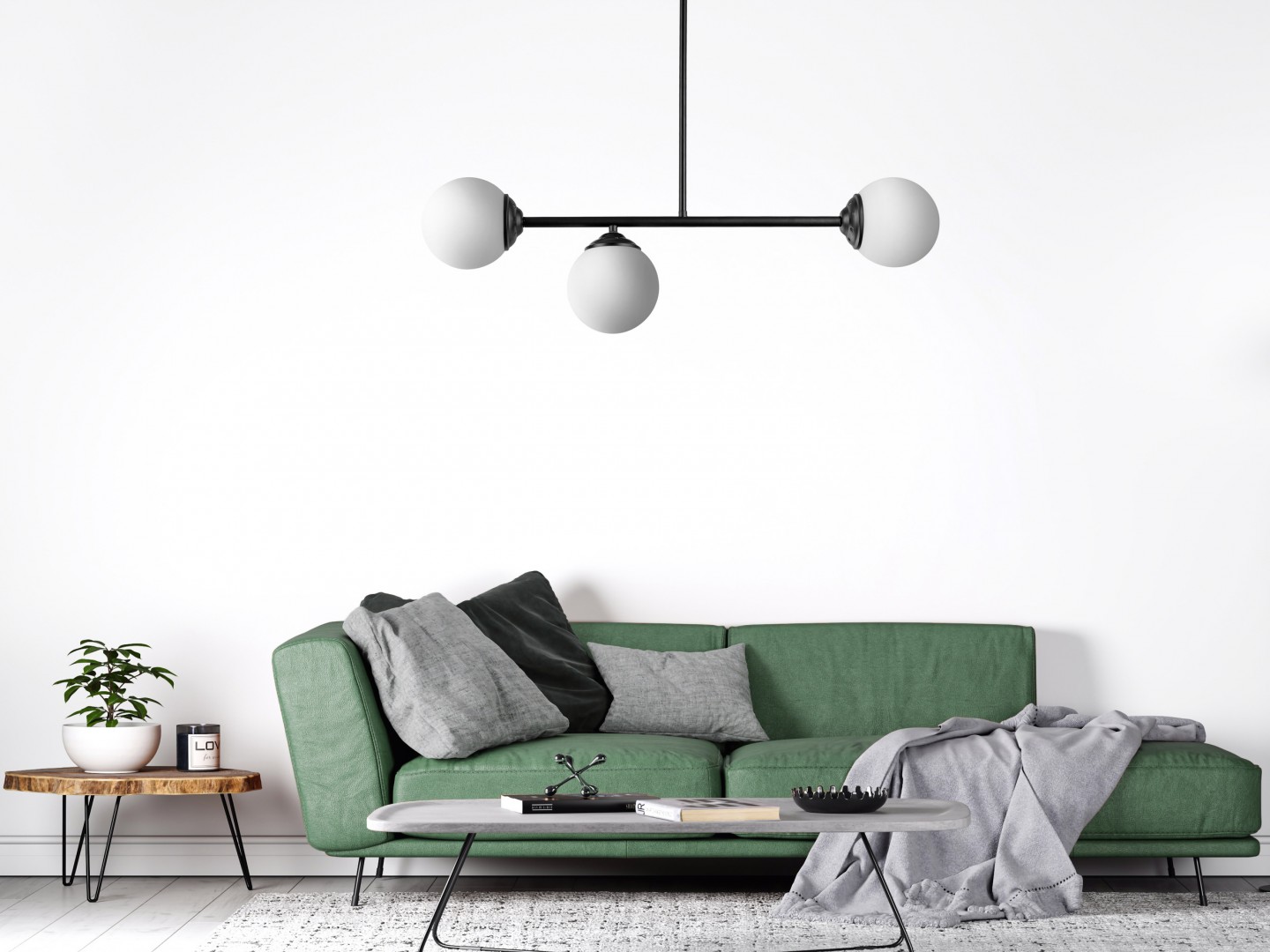 nowoczesna lampa sufitowa wisząca czarna nad sofą trzy mleczne kule i prosta forma do salonu Lampit kolekcja Fino W3