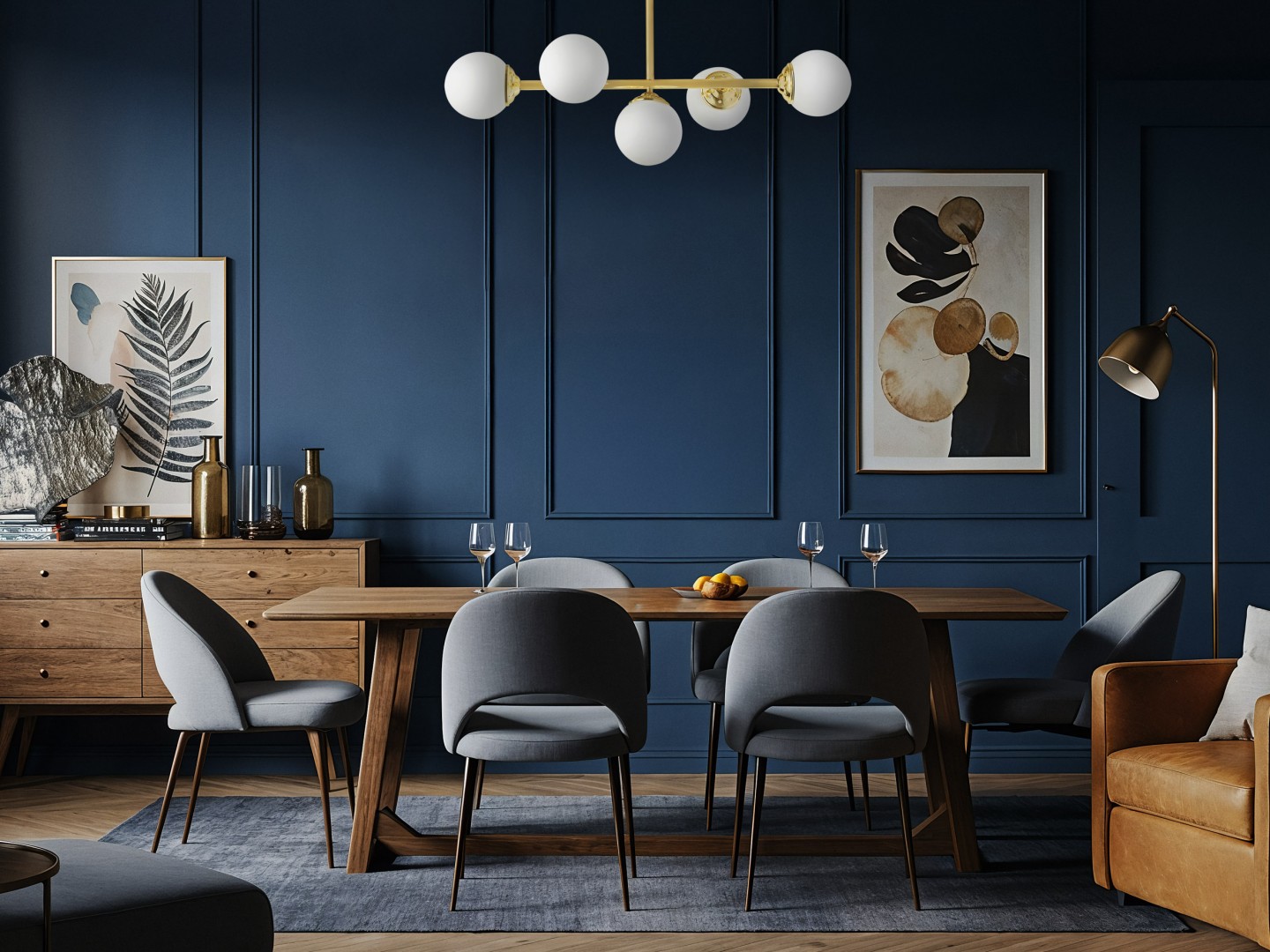 Lampa wisząca FINO W5 w stylu modern classic nad jadalnianym stołem z tapicerowanymi krzesłami