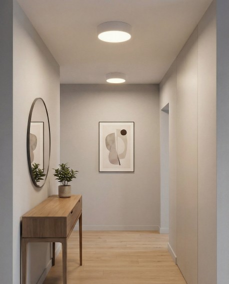 biały plafon LED sufitowy do przedpokoju z równym światłem w minimalistycznym wnętrzu model Nevo D30 od lampit