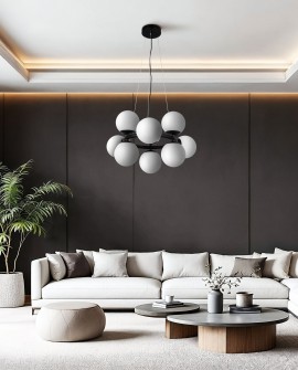 lampa wisząca z mlecznymi kulami nad sofą czarny żyrandol LED do salonu producent lampit model LEDO W9 aranżacja wnętrza