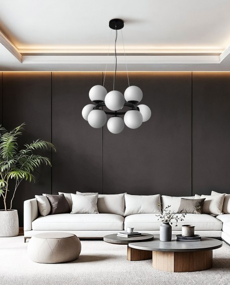 lampa wisząca z mlecznymi kulami nad sofą czarny żyrandol LED do salonu producent lampit model LEDO W9 aranżacja wnętrza