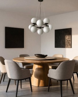 nowoczesny żyrandol LED z białymi kloszami kula czarna konstrukcja marki lampit seria LEDO W9 do jadalni