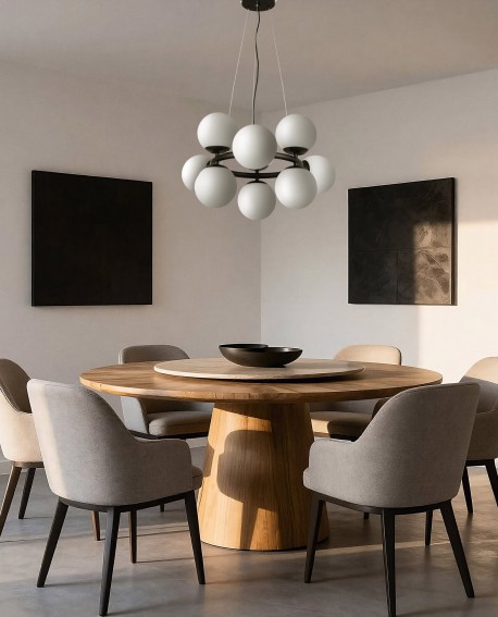 nowoczesny żyrandol LED z białymi kloszami kula czarna konstrukcja marki lampit seria LEDO W9 do jadalni