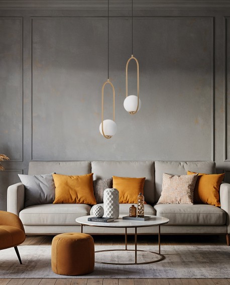 nowoczesna lampa sufitowa wisząca złota rama i mleczna kula marka lampit seria VERO 1B do salonu