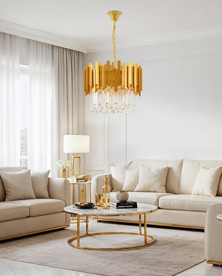 żyrandol kryształowy złoty w jasnym salonie lampa wisząca nad strefą wypoczynku producent lampit model FERA D40