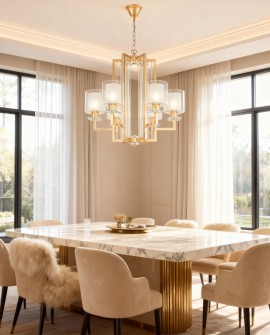 nowoczesny żyrandol wiszący złoty do jadalni z kilkoma punktami światła seria MANHATTAN marki LuminaDeco