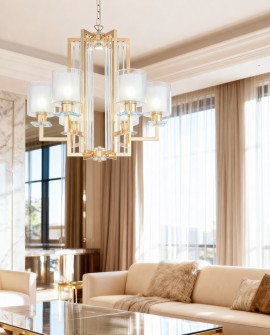 stylowa lampa sufitowa wisząca w kolorze złotym z dekoracyjnym szkłem propozycja LuminaDeco model MANHATTAN