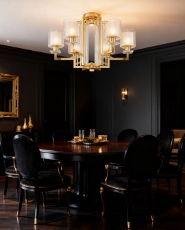 designerska lampa sufitowa złota do reprezentacyjnego salonu z geometryczną formą i szkłem seria MANHATTAN od marki LuminaDeco