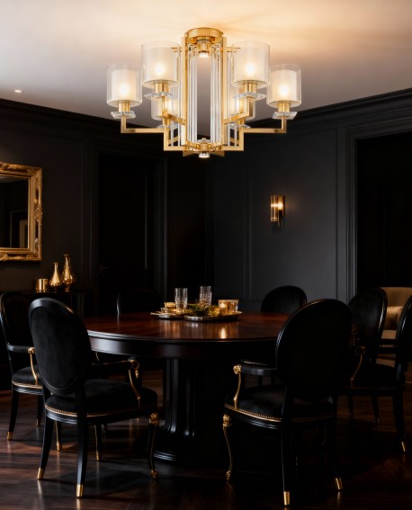 designerska lampa sufitowa złota do reprezentacyjnego salonu z geometryczną formą i szkłem seria MANHATTAN od marki LuminaDeco