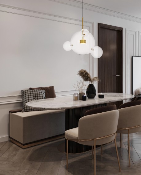 lampa wisząca szklana nad stołem w jasnej jadalni z kulami i złotym detalem neroni w4 od producenta lumina deco