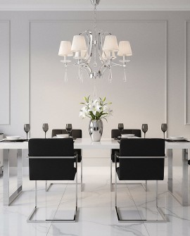 stylowy żyrandol kryształowy do jadalni z chromowaną konstrukcją i jasnymi abażurami marka Lumina Deco podkreślona kolekcja Veni