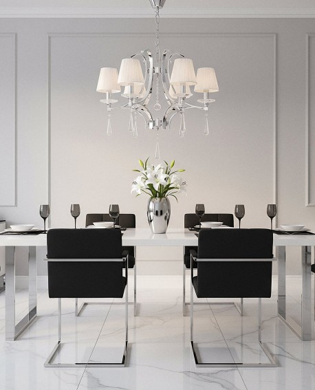 stylowy żyrandol kryształowy do jadalni z chromowaną konstrukcją i jasnymi abażurami marka Lumina Deco podkreślona kolekcja Veni