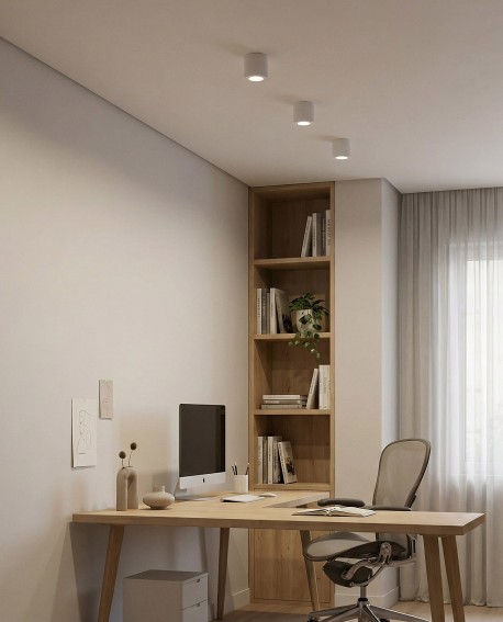 białe lampy sufitowe LED w minimalistycznym stylu idealnie pasują do eleganckiej garderoby z oknem i drewnianą podłogą