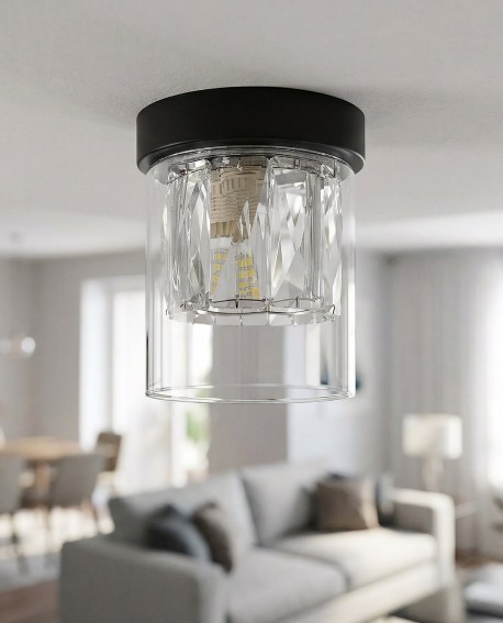 czarna lampa sufitowa natynkowa z przezroczystym kloszem w salonie nowoczesne światło producent Lampit model Deni