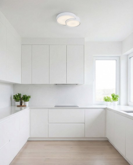 nowoczesny plafon sufitowy biały z dwiema tarczami do kuchni spokojne oświetlenie wnętrza marka Lampit Nevo Duo D40