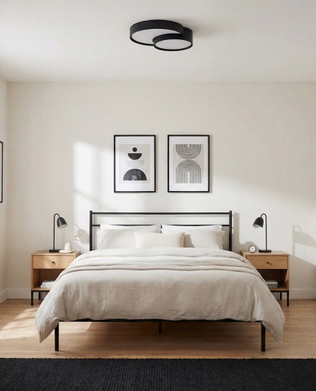 nowoczesna lampa sufitowa plafon czarny z dwiema tarczami jako światło do sypialni marka Lampit Orbo Duo D40