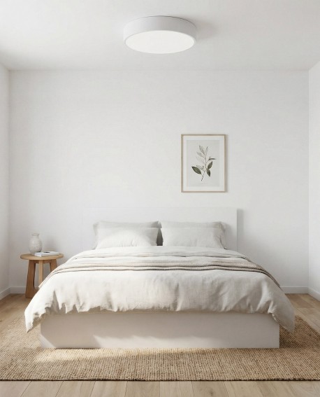 biała lampa sufitowa plafon o okrągłej formie zapewniająca równomierne światło w sypialni model NEVO D40 od producenta lampit