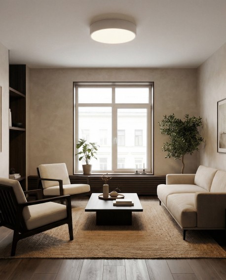 minimalistyczny plafon sufitowy biały idealny do nowoczesnego salonu model NEVO D40 producent lampit