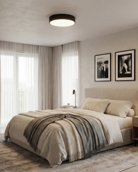 okrągły plafon sufitowy w kolorze czarnym dający równomierne światło w sypialni model NEVO D40 od lampit