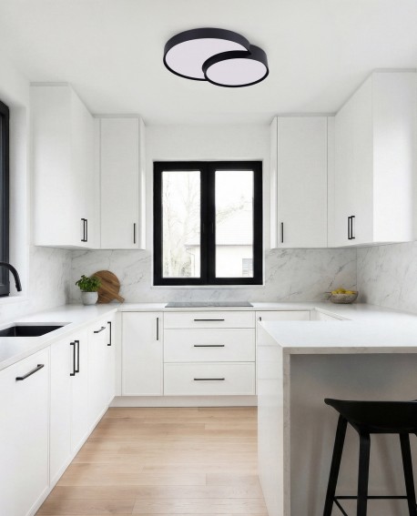 czarna lampa sufitowa plafon z podwójnym okrągłym kloszem pasująca do nowoczesnej białej kuchni NEVO DUO D48 od lampit