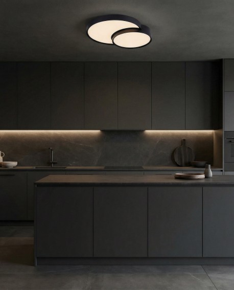 plafon sufitowy czarny o dwuelementowej formie dający równomierne światło nad zabudową kuchenną NEVO DUO D48 producent lampit