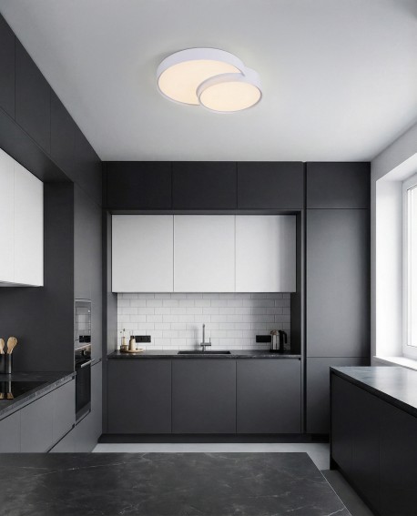 plafon sufitowy biały o dwuelementowej formie zapewniający równomierne światło w nowoczesnej kuchni NEVO DUO D48 producent lampi