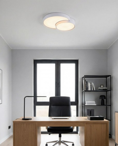 nowoczesna lampa sufitowa typu plafon z dwoma okręgami dopasowana do minimalistycznego biura NEVO DUO D48 od marki lampit