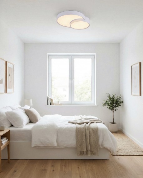 biała lampa sufitowa plafon z podwójnym kloszem tworząca miękkie światło w sypialni model NEVO DUO D48 od lampit