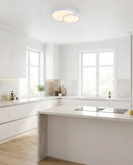 plafon sufitowy biały o dwuczęściowej formie pasujący do jasnej aranżacji kuchni NEVO DUO D48 producent lampit