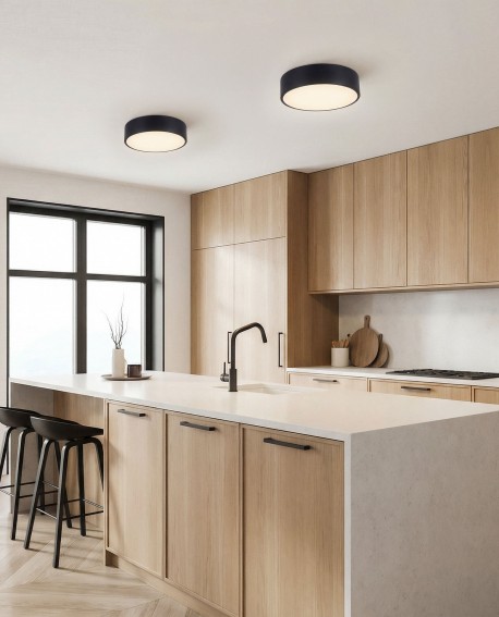 czarna lampa sufitowa plafon o okrągłej formie dająca równomierne światło w nowoczesnej kuchni model NEVO D30 od lampit