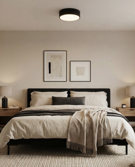 okrągły plafon sufitowy czarny o minimalistycznym wyglądzie do przytulnej sypialni model NEVO D30 lampit