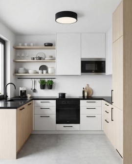 plafon sufitowy czarny z mlecznym kloszem dopasowany do kuchni z drewnianą zabudową NEVO D30 producent lampit