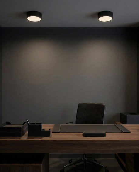 czarna lampa sufitowa plafon o kompaktowej formie zapewniająca skupione światło w gabinecie NEVO D23 od lampit