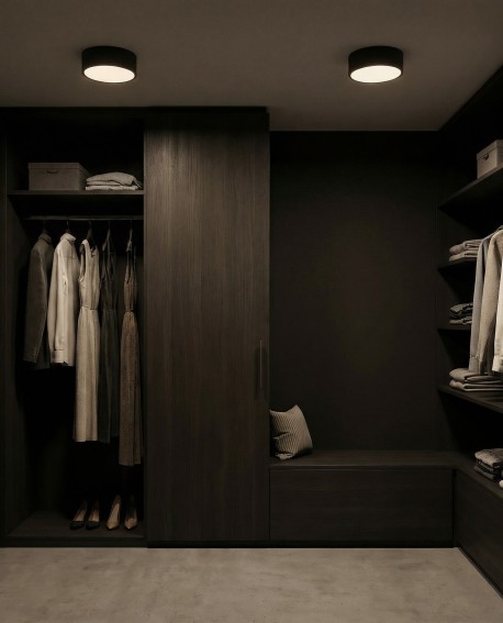 okrągły plafon sufitowy czarny o minimalistycznej bryle do ciemnej garderoby model NEVO D23 lampit