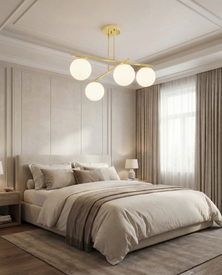 designerska lampa sufitowa wisząca złota z czterema punktami światła nad strefą wypoczynku LEDO W4 od lampit