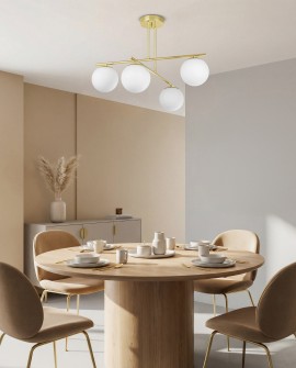 lampa wisząca sufitowa złota z białymi szklanymi kloszami podkreślająca styl glamour jadalni LEDO W4 marka lampit