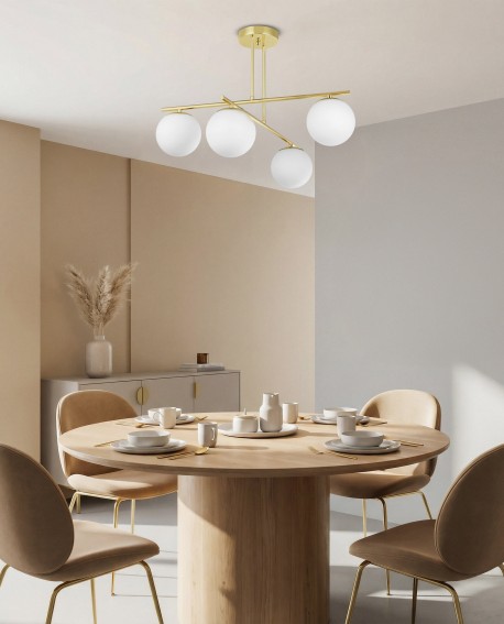 lampa wisząca sufitowa złota z białymi szklanymi kloszami podkreślająca styl glamour jadalni LEDO W4 marka lampit