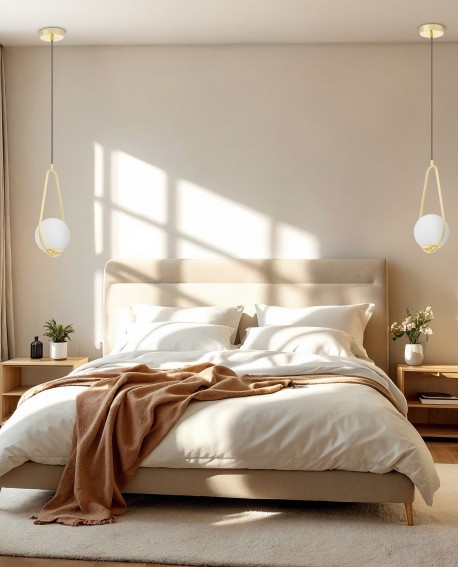 Nowoczesna jadalnia z trzema lampami wiszącymi VERO 1C od Lampit, białe klosze w złotych ramach, minimalistyczny design.