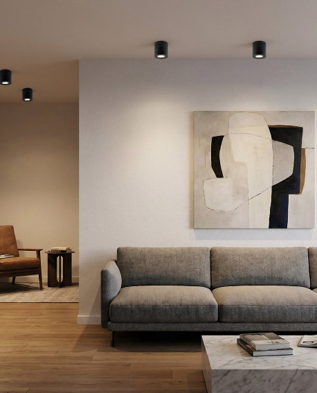 nowoczesne oświetlenie LED Lampit w salonie z czarnymi lampami sufitowymi doskonale podkreśla minimalistyczny wystrój