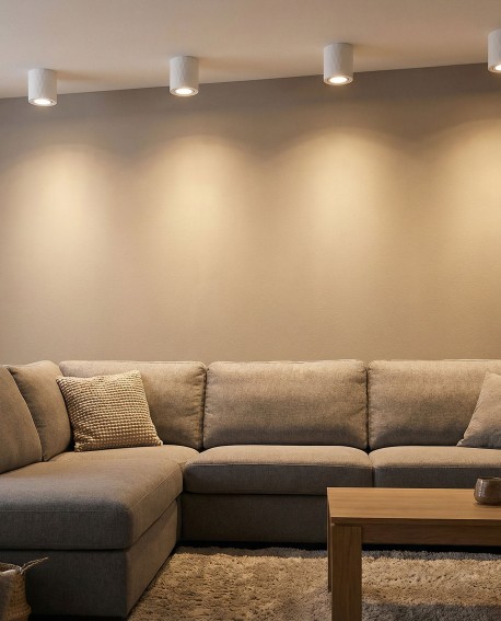 oprawa natynkowa spot tuba biała montowana na suficie w salonie tworząca ciepłe punktowe światło TIGO W1 od lampit